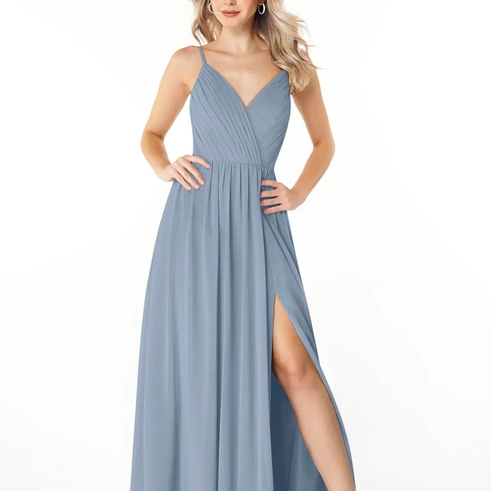 Azazie Blue Pleated Maxi Dress with Spaghetti Straps